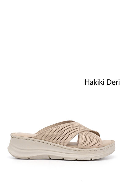 GÖNDERİ(R) Women's Beige Wedge Sole Genuine Leather Slippers