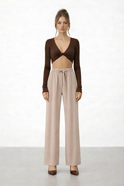 VAGGON Wide Leg Trousers with Elastic Waist and Ties