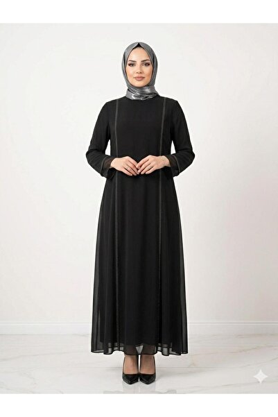 wishne Siyah Şifon Detaylı Tesettür Abiye Elbise – Büyük Beden 44-54 Uyumlu, ...