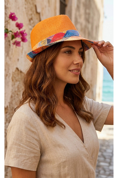 Bay Şapkacı قبعة بوهيمية من القش - قبعة نسائية صيفية ملونة بخطوط عرقية 6261