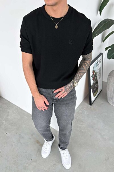 HAFKAGİYİM Μαύρο μπλουζάκι με κέντημα και λεπτομέρεια, με υφή, σε μεγάλο μέγεθος