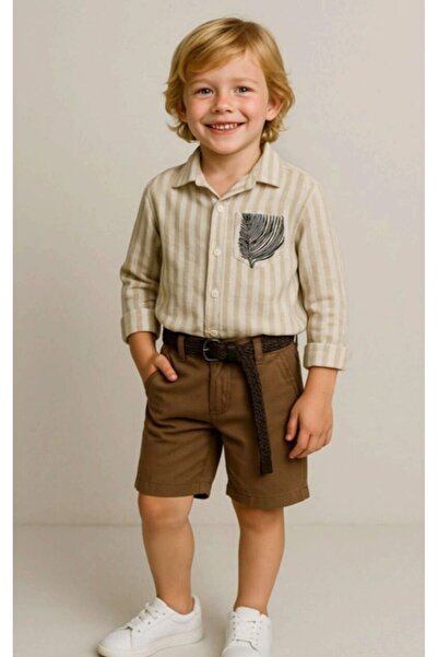 Alin Alp 3-8 Years Old Boy's Striped Muslin Shirt Brown Shorts Set-3/4 Y