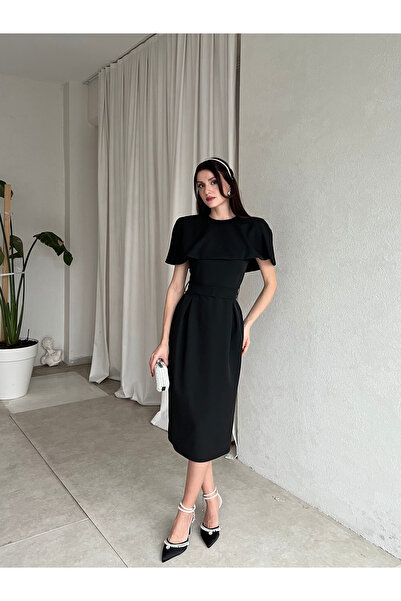 Klex Kayık Yaka Volan Detaylı Midi Boy Elbise