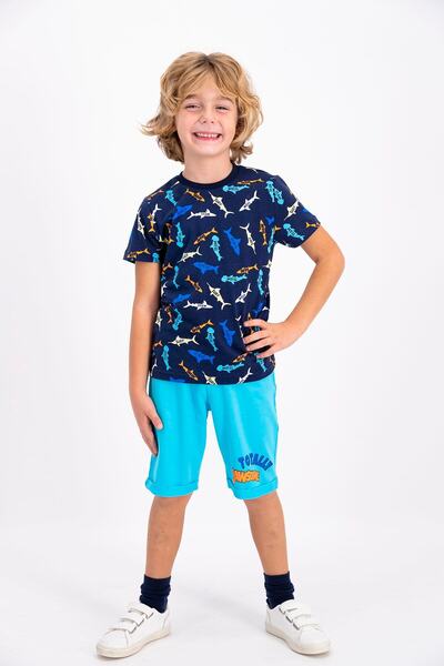 ROLY POLY Boy's Navy Blue Fish Patterned Bermuda Suit