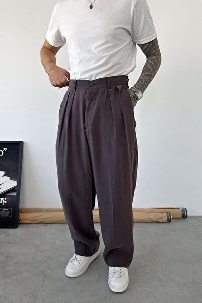 HAFKAGİYİM Brown Pleated Modal Fabric Baggy Trousers