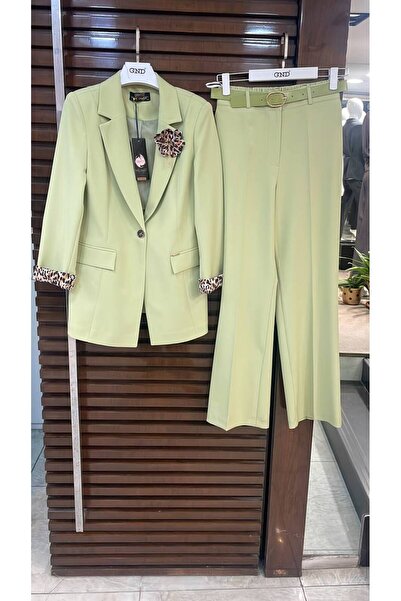 GND TEKSTİL GND Broşlu Leopar Astarlı Ceket Kemerli Pantolon İkili Takım 8136-26