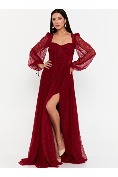 Elbisemhazır Kruvaze Yaka Dantelli ve Modern Korse Detaylı Yırtmaçlı Kadın Ab...