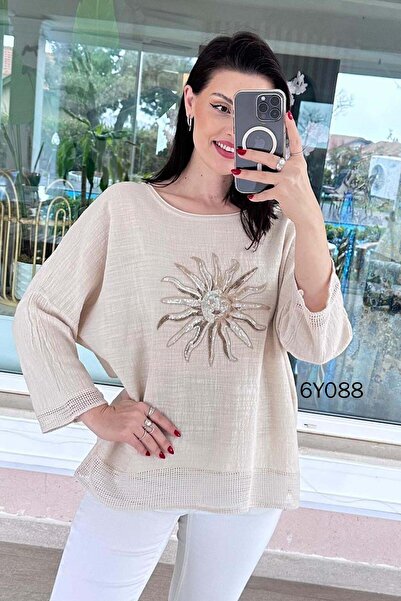 İnce Topuk Sun Sequin Embroidered Linen Blouse 6Y088