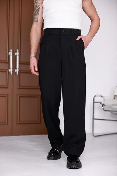 Ser Joven Men's Black Baggy Fit Relaxed Fit Pleated Fabric Trousers