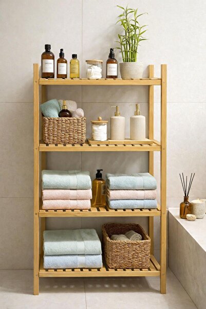 Exent Dekoratif 4 Raflı Doğal Kayın Ahşap Banyo Dolabı, Banyo Rafı, Çok Amaçl...