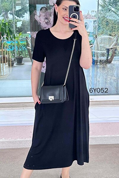 İnce Topuk Short Sleeve Crew Neck Viscose Dress 6Y052