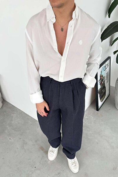 HAFKAGİYİM Λευκό Κεντημένο Oversize Πουκάμισο Modal