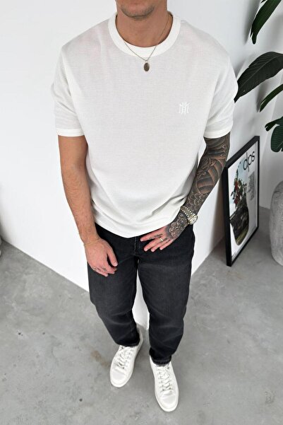 HAFKAGİYİM White Embroidery Detailed Textured Oversize T-Shirt