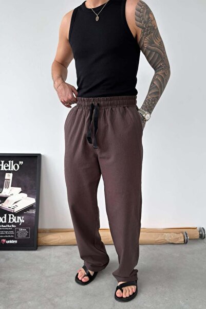 HAFKAGİYİM Brown Embroidered Baggy Linen Trousers