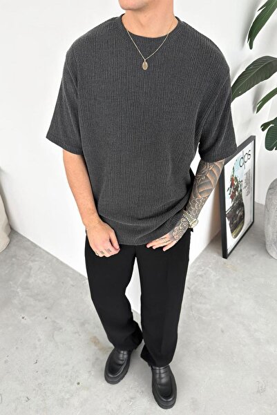 HAFKAGİYİM Anthracite Ribbed Basic Relaxed T-Shirt