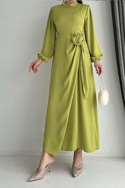 MELEK ARAZ Φόρεμα με ελαστικό μανίκι και πλαϊνά κορδόνια - Πράσινο λαδί