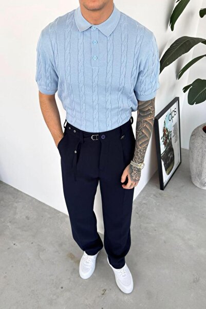 HAFKAGİYİM Baby Blue Knitted Pattern Relaxed Knitwear Polo Neck T-Shirt