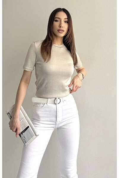 yeditepe fashion Lace Detail Short Sleeve Viscose Knitwear Blouse