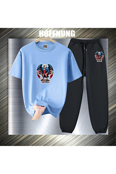 HOFFNUNG Unisex Casual Short Sleeve Set with Usa Eagle Print Outdoor Spring/S...