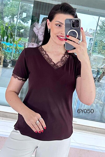 İnce Topuk Kolu Yakası Dantel Viskon Kumaş Bluz 6y050
