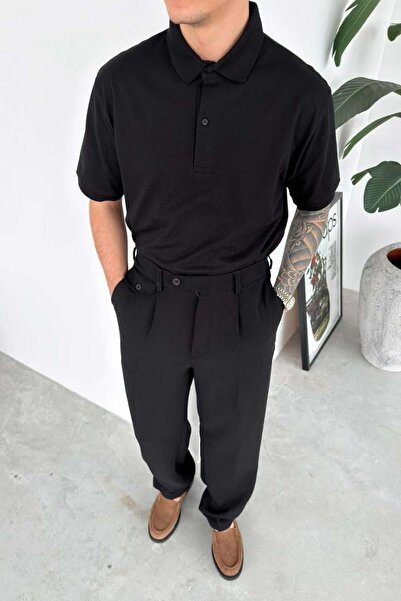 HAFKAGİYİM Μαύρο Βασικό Χαλαρό Μπλουζάκι Πόλο με Γιακά