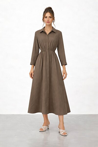 VAGGON Shirt Collar Elastic Waist Long Sleeve Midi Dress
