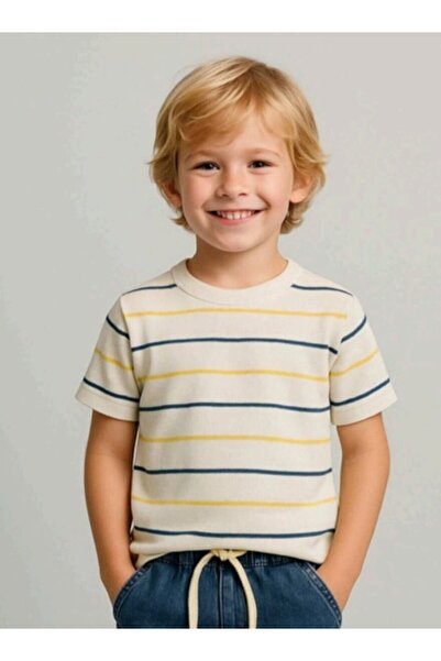 Alin Alp 2-14 Years Old Boys' Blue Striped Knitwear T-Shirt-4/5 Y