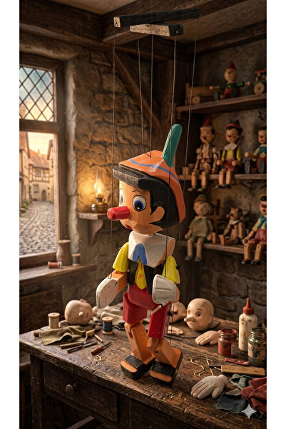 SultanofAura Ahşap Pinokyo Kukla 25 cm – İpli Asmalı Dekoratif Oyuncak & Hedi...