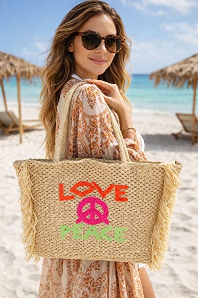 FELLMENS Γυναικεία τσάντα από ψάθα με κέντημα καμηλόχρωμο