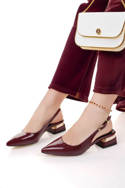 vanorio Burgundy Patent Leather Babet Gold Buckle Detailed Heels with Gold Plated Details, Comfortable Daily Classic High-Heeled Shoes.