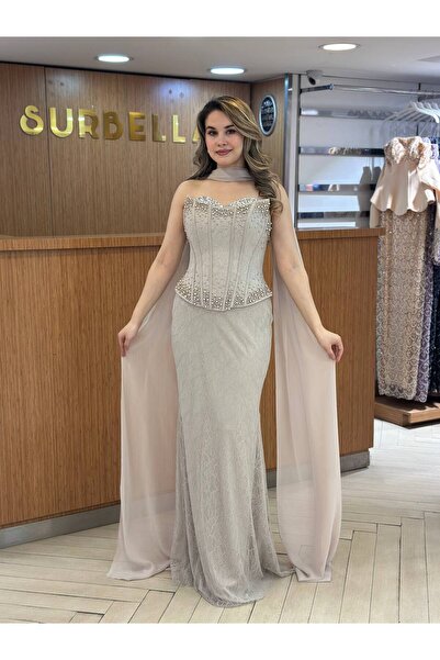 ESİN GİYİM Dantel ve taş kumaş yapısina sahip el işciliği bulanan abiye