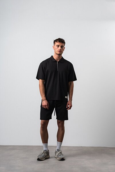 Respire طقم شورت تي شيرت رجالي ذو ياقة بولو وقصة عادية باللون الأسود