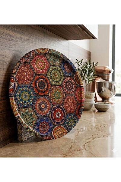 ATAGİFT HEDİYELİK 35 CM KARO DESEN METAL YUVARLAK SERVİS TEPSİSİ -KAHVE, ÇAY ...