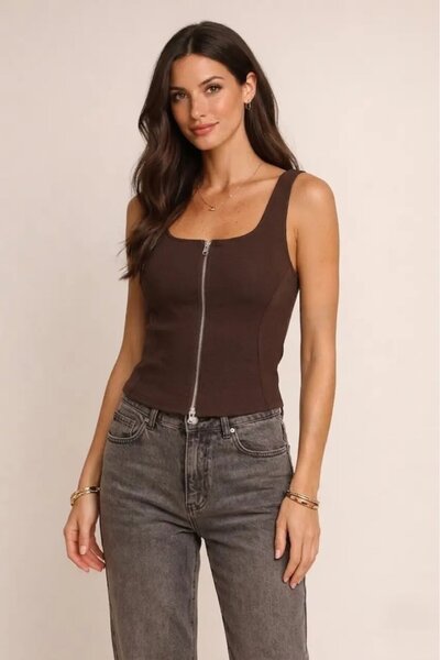 Cool & Sexy Zippered Zero Sleeve Blouse Brown