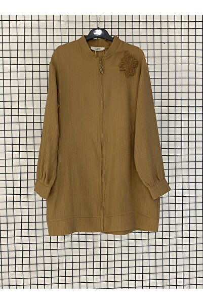 Armine Eye-Catching Textured Viscose Fabric Zippered Summer Cardigan with Tre...