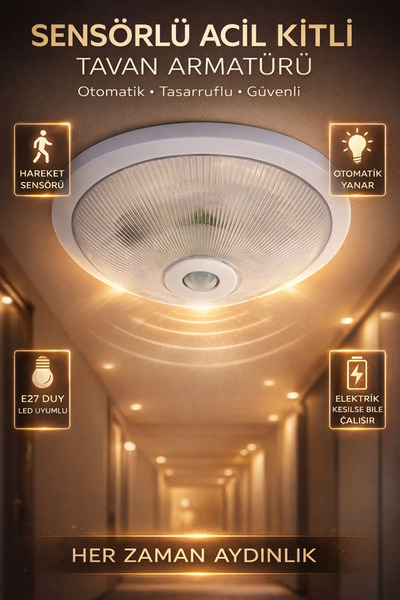 Edison Sensörlü Tavan Armatürü Acil Kitli E27 Duy Hareket Sensörlü Lamba Otom...