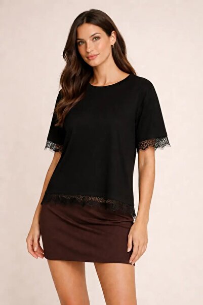 Cool & Sexy Black Lace Detailed Oversized T-Shirt Blouse – Stylish Women's Bl...