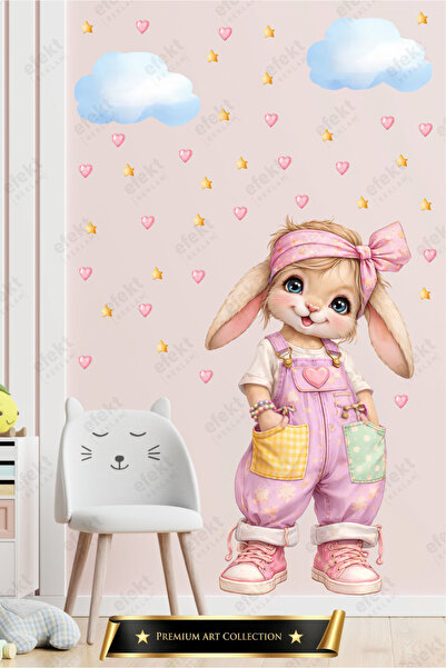 efekt reklam Pastel Tavşan Kız - Yıldız ve Kalp Figürlü Premium Kız Çocuk Duv...