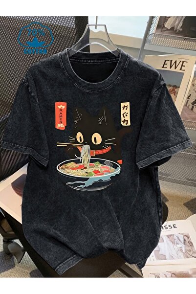 Touz Cute Noodle Cat Printed Unisex Washable Vintage Oversize T-Shirt