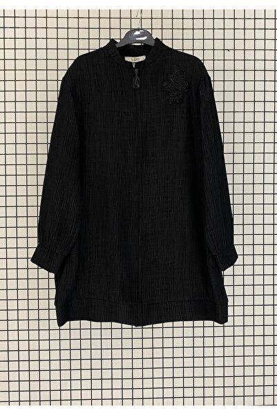 Armine Eye-Catching Textured Viscose Fabric Zippered Summer Cardigan with Tre...