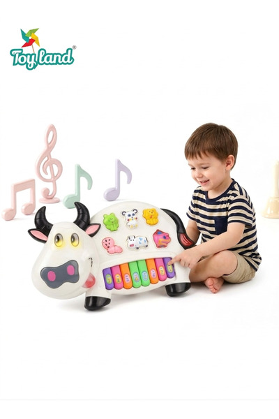 TOY LAND لعبة بيانو موسيقية على شكل بقرة مع أزرار على شكل حيوانات ولوحة مفاتي...