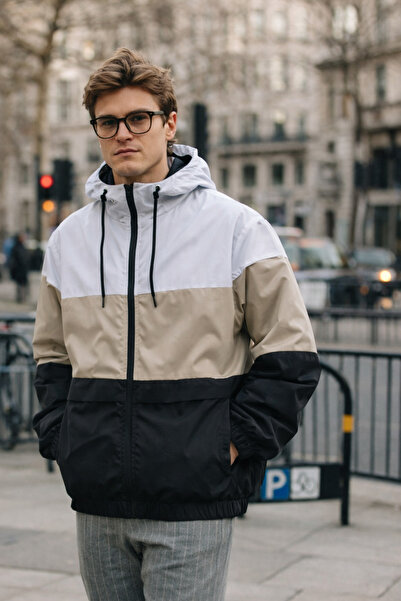 DAMGA JEANS Ανδρικό πολύχρωμο μπουφάν βροχής με φερμουάρ σε μπεζ απόχρωση