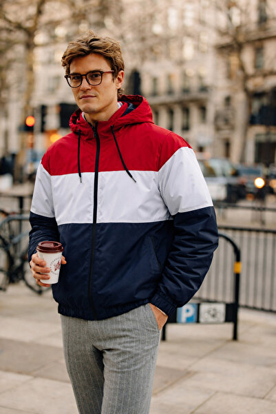 DAMGA JEANS Men's Colorful Trendy Red Zippered Raincoat