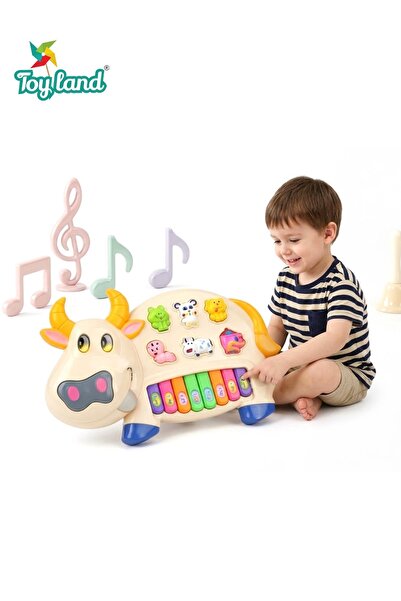 TOY LAND لعبة بيانو موسيقية على شكل بقرة مع أزرار على شكل حيوانات ولوحة مفاتي...