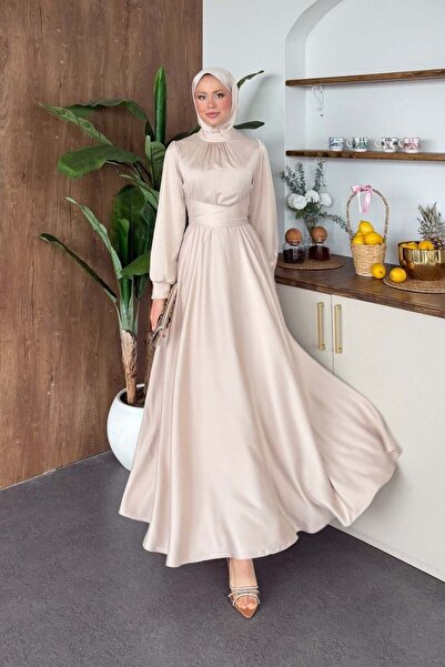 Şulemoda Giyim Γκρέις Σατέν Φόρεμα Μπεζ