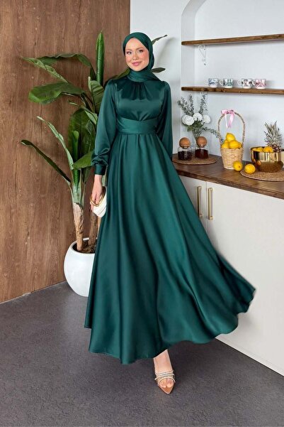 Şulemoda Giyim Γκρέις Σατέν Φόρεμα Σμαραγδί