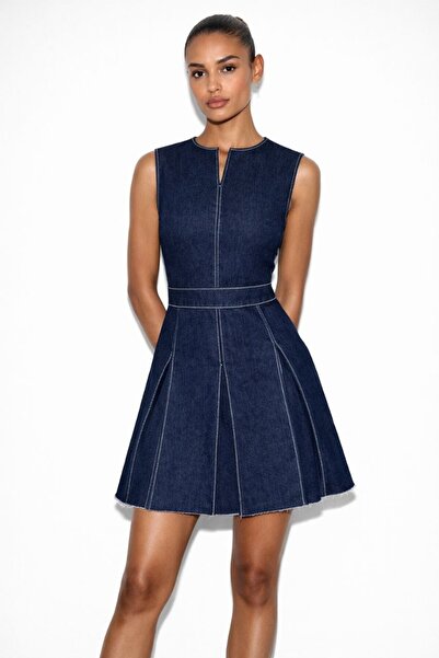 LOKADI Women's Dark Blue Contrast Stitched Mini Jean Dress - V-Neck Sleeveles...