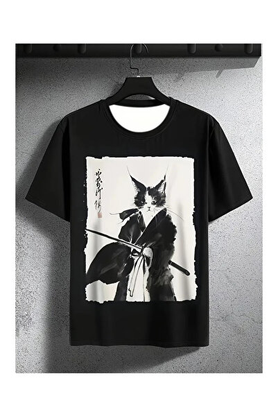 LAYORA Samurai Cat Printed Black T-Shirt