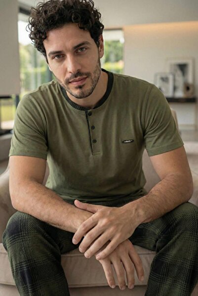 Pijamaevi Σετ ανδρικών πιτζαμών Heritage Khaki με κοντό μανίκι από βαμβάκι