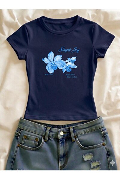 Vordevia Simple Joy Çiçek Baskılı Likralı Dar Kalıp Kısa Kol Bisiklet Yaka Te...